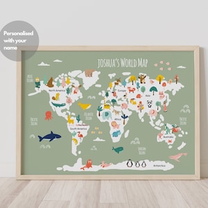 World Map Prints, Personalised  Nursery Print, Kids Bedroom Maps, Animals of the world, Animal Maps Print, Safari Decor, Framed Prints