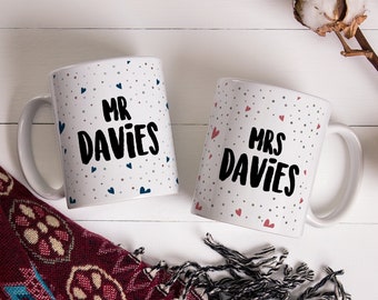 Personalized Mr & Mrs Wedding Mug Set, Anniversary Gift
