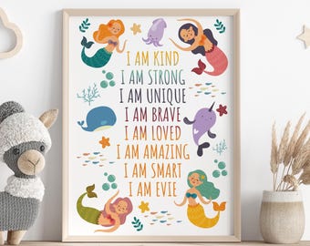Personalised Affirmation Print: Kids Mermaid Nursery Decor