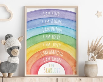 Positive Affirmation Poster - Motivation - Rainbow - Kids Print, Kids Poster, Children Print, Custom Nursery Decor, Bright, Watercolour