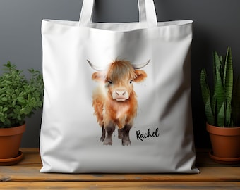 Personalised Highland Cow Tote Bag, Highland Cow Gift, Name Tote Bag, Shopper Bag, Bag For Life, Personalised Bag, Gift For Her, Fluffy Cow