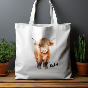 Personalised Highland Cow Tote Bag, Highland Cow Gift, Name Tote Bag, Shopper Bag, Bag For Life, Personalised Bag, Gift For Her, Fluffy Cow