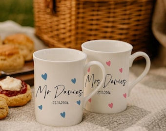 Personalised Mr & Mrs Bone China Mugs, Wedding Anniversary Gift