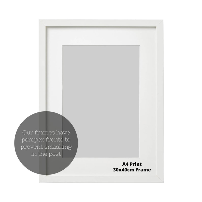 May include: White picture frame with a clear perspex front to prevent damage. The frame is 30 inches by 40 inches and is suitable for an A4 print.