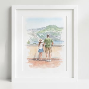 May include: A framed watercolour illustration depicting two figures standing on a terrace, looking out at a distant mountain and water. The figures are shown from behind, with one wearing a straw hat and blue skirt, and the other in a green shirt.