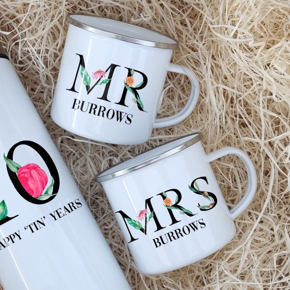 Personalized Tin Anniversary Mug & Flask Set, 10 Year Gift