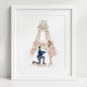 May include: Watercolour illustration of a marriage proposal in front of the Eiffel Tower. A man kneels, presenting a ring to a woman in a pink dress. The artwork is framed in a white border and includes the names "Richard & Charlotte" at the bottom.