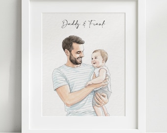 Custom Hand-Drawn Family Portrait, Watercolor Style, Father's Day Gift