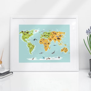 Framed Animal World Map - Animal Countries, Kids World Map, Educational Map, Nursery print, Safari Map, Kids Wall Art, Childrens Map,