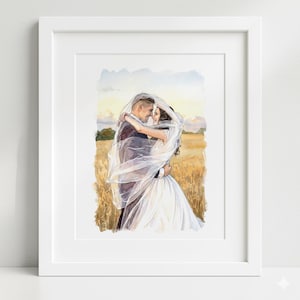 May include: Watercolour painting of a couple embracing, framed in a white border. The bride wears a white wedding dress and veil, while the groom is in a dark suit. The background depicts a field and a sunset.
