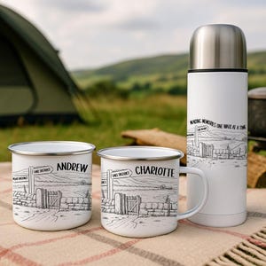 Personalised Hiking Mug and Flask Set: Camping Couple Gift, Walking, Peak Lake District