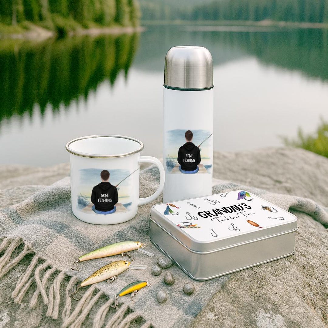 Personalised Fishing Flask, Mug and Tackle Tin Set – Gift for Dad or ...