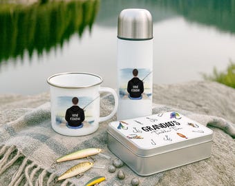 Personalised Fishing Flask, Mug and Tackle Tin Set – Gift for Dad or Fisherman