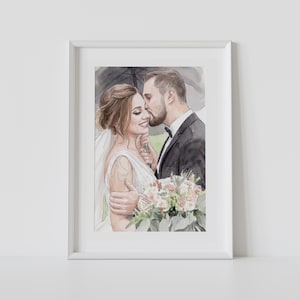 May include: A framed watercolour illustration depicting a couple in wedding attire. The person on the left wears a white gown and veil, while the person on the right wears a black suit and bow tie. They are embracing and holding a floral bouquet.