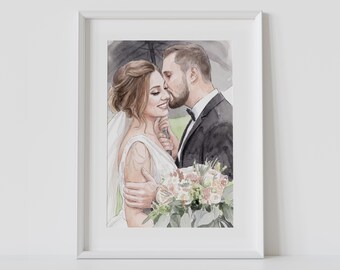 Custom Watercolor Couple Portrait from Photo, Hand Made Wedding Portrait, Personalised Anniversary Gift for Husband, Wife Engagement