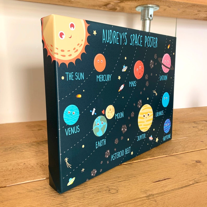 May include: A black canvas poster with a colorful illustration of the planets in our solar system. The poster is titled "Audrey's Space Poster" and includes the names of each planet, including the sun, Mercury, Venus, Earth, Mars, Jupiter, Saturn, Uranus, Neptune, and the asteroid belt.