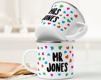 Personalised Mr & Mrs Enamel Mugs, Colorful Heart Anniversary Gift
