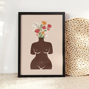 Arte de empoderamiento femenino, impresión de arte de cuerpo de flores, cartel de jarrón de cuerpo femenino, arte de pared positivo del cuerpo, ilustración de jarrón de cuerpo femenino, impresión inclusiva