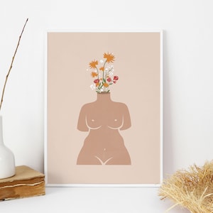 Arte de empoderamiento femenino, impresión de arte de cuerpo de flores, cartel de jarrón de cuerpo femenino, arte de pared positivo del cuerpo, ilustración de jarrón de cuerpo femenino, impresión inclusiva