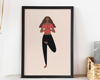 Cartel de yoga de niña negra, cartel de pose de yoga, impresión de arte de yoga, arte de pared de yoga de mujer, impresión de arte de amante de yoga, impresión de yoga ilustrada, impresión de yoga de meditación