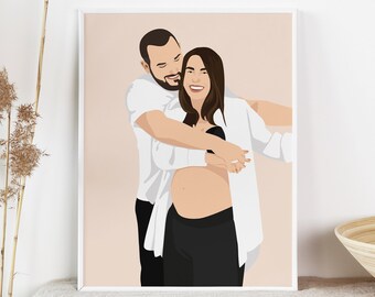 Family Portrait Custom Pregnant Couple Poster Personalized Pregnant Woman Portrait Custom Babyshower Gift Porträt Schwangeren Paares