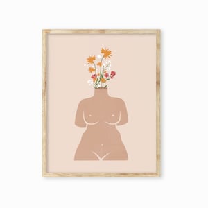 Arte de empoderamiento femenino, impresión de arte de cuerpo de flores, cartel de jarrón de cuerpo femenino, arte de pared positivo del cuerpo, ilustración de jarrón de cuerpo femenino, impresión inclusiva