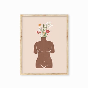 Arte de empoderamiento femenino, impresión de arte de cuerpo de flores, cartel de jarrón de cuerpo femenino, arte de pared positivo del cuerpo, ilustración de jarrón de cuerpo femenino, impresión inclusiva