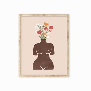 Arte de empoderamiento femenino, impresión de arte de cuerpo de flores, cartel de jarrón de cuerpo femenino, arte de pared positivo del cuerpo, ilustración de jarrón de cuerpo femenino, impresión inclusiva