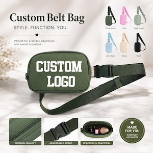 May include: An olive green belt bag featuring the white text CUSTOM LOGO on the front. The bag includes a zippered closure, an adjustable strap with a black plastic buckle, and an interior compartment. Additional color options are shown in the corner.