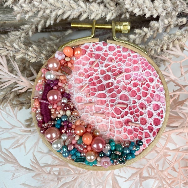 Louise, beaded embroidery hoop, home decor, bead work, moon art, moon decor, bead embroidery