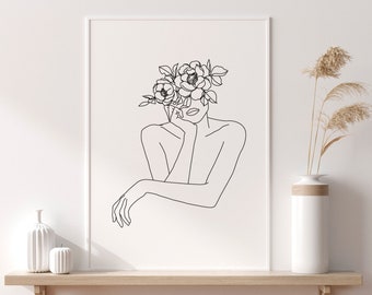 Printable Wall Art Flower Head, Flower Woman Wall Art, Minimalist wall art, Printable wall art, Boho Poster, Line Drawing Woman With Flowers