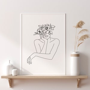 Printable Wall Art Flower Head, Flower Woman Wall Art, Minimalist wall art, Printable wall art, Boho Poster, Line Drawing Woman With Flowers