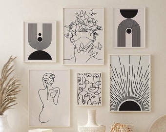 Gallery Walll Set of 6, Mid Century Modern Wall Art, Boho Wall Art set, Abstract Boho Art Set, Line Art Print Set,  Modern Wall Art set of 6