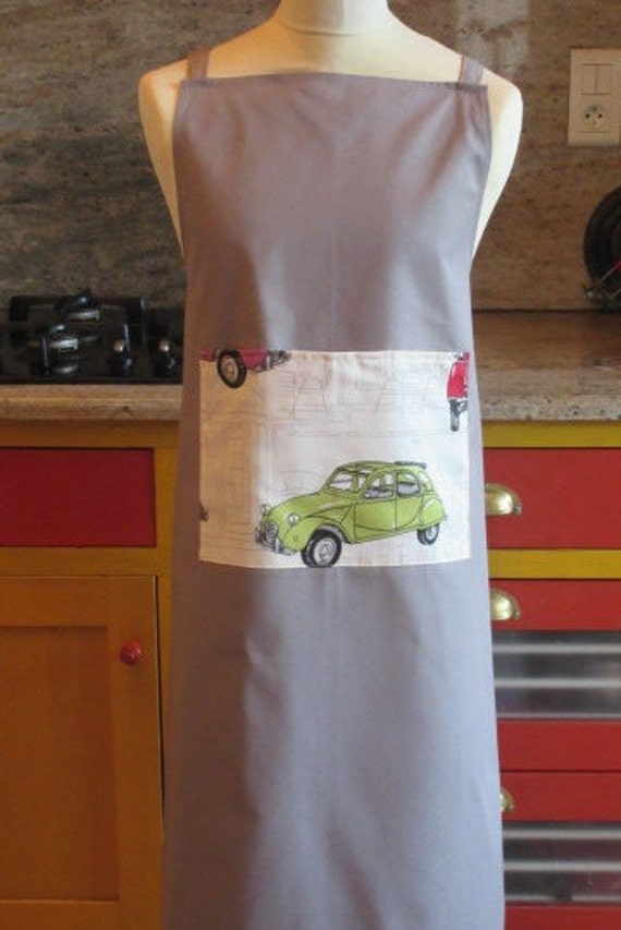 Le Tablier Béarnais Femme/Homme Personnalisé 2Cv, Toile de Coton Gris Foncé Tissée en France.