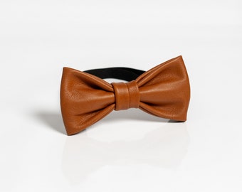 Cognac Brown Bow Tie from Fine Deer Leather Pre Tied Magnetic Formal Gala Wear Valentine’s Day Engagement Tie Anniversary Gift Him