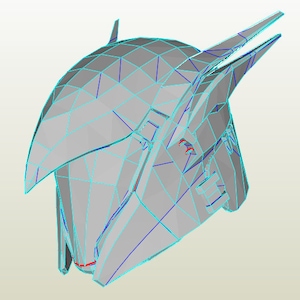Puede incluir: Un modelo de papel 3D de un casco con un esquema de color azul y gris. El casco tiene una parte superior puntiaguda y una máscara facial.