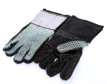 Medieval Suede Leather Glove with 18G Plate Steel Chainmail Gauntlets Leather