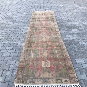 Turkish Rug, Runner Rug, Vintage Rug, 13.6x3.6 ft, Oushak Rug, Soft red Rug, Hallway Rug, Corridor Rug, Muted Rug, Kitchen Rug, Wool Rug
