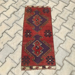 Turkish Small Rug, Oushak Small Rug, Vintage Small Rug, Handmade Small Rug, Wool Runner Rug, Door mat, Bath Mat, 1.4 x 3.1 Ft, 1x3 Wool Rug,