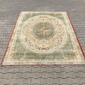 Turkish rug 7x10,Oushak rug 7x10,Vintage rug 7x10,Handmade rug,Anatolian rug,Green turkish rug,Green vintage rug,Natural rug,Bohemian rug,