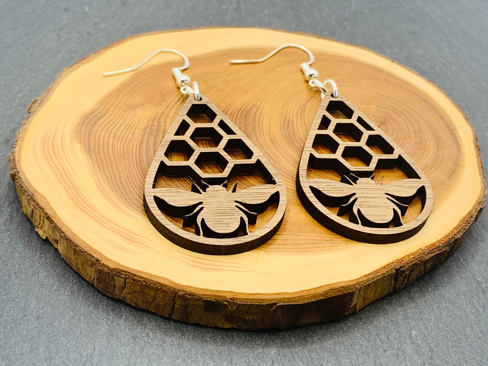 Bee Drop Earrings Laser Cut From Real Walnut Veneer Etsy