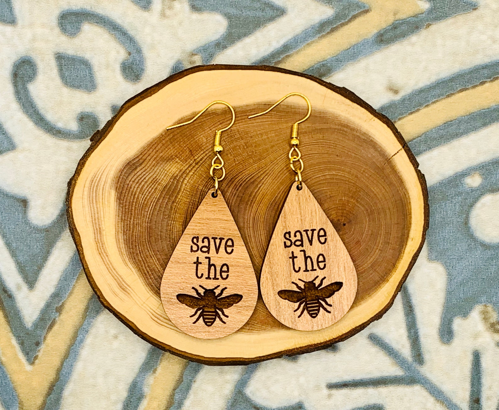Save the bee earrings, bee earrings, laser cut real wood veneer