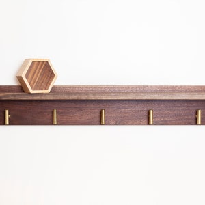 Solid Walnut Coat Rack with Shelf, Entryway Rack with Brass Hooks image 1