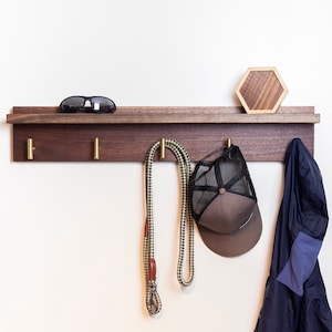 Solid Walnut Coat Rack with Shelf, Entryway Rack with Brass Hooks image 2