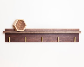 Solid Walnut Coat Rack with Shelf, Entryway Rack with Brass Hooks