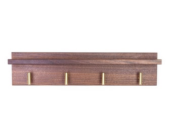 Walnut Towel Rack with Shelf for Bathroom, Coat Rack with Brass Hooks