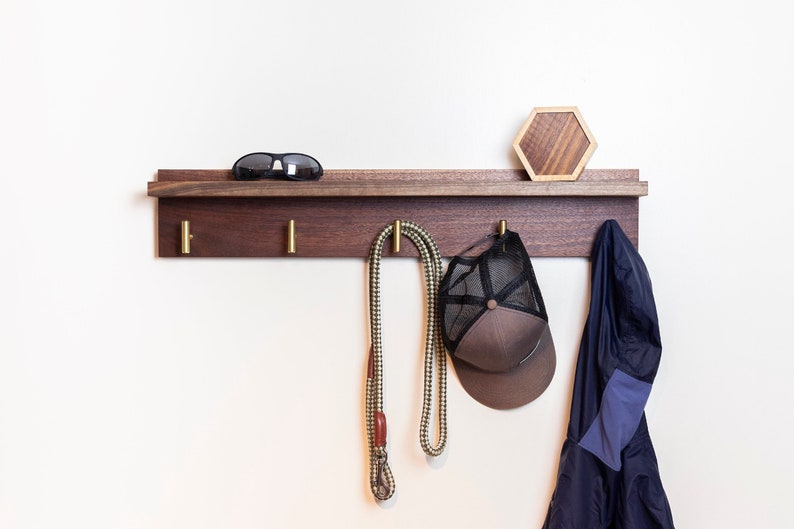 Solid Walnut Coat Rack with Shelf, Entryway Rack with Brass Hooks image 2