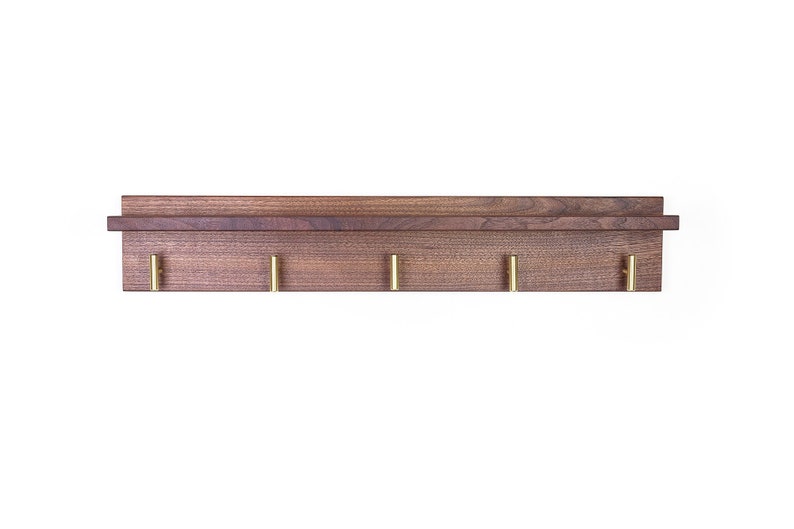 Solid Walnut Coat Rack with Shelf, Entryway Rack with Brass Hooks image 6