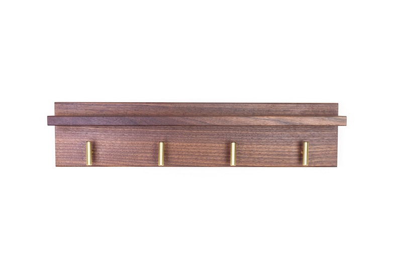 Solid Walnut Coat Rack with Shelf, Entryway Rack with Brass Hooks Brass