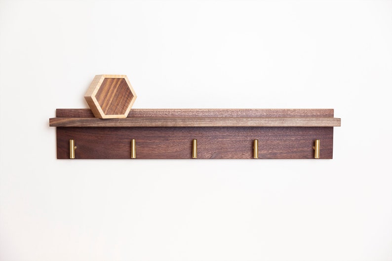 Solid Walnut Coat Rack with Shelf, Entryway Rack with Brass Hooks image 1